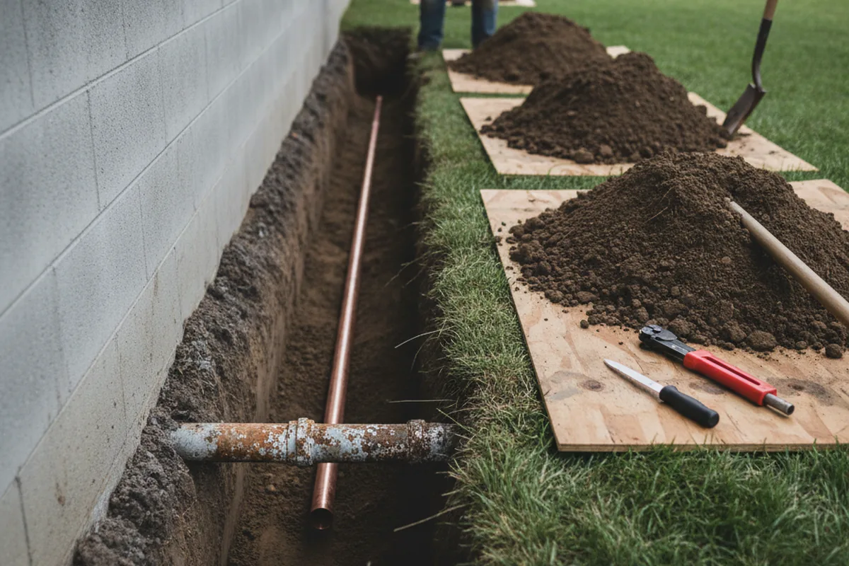 Excavated water line trench during Sewer Line Repair in Loleta